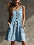 Casual Retro Light Blue Denim Sleeveless Round Neck Mini Dress