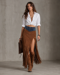 Western Faux Suede Fringe Maxi Skirt with Denim Yoke