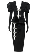 Short Sleeve Crystal Bow Midi Two Piece Velvet Dress Black