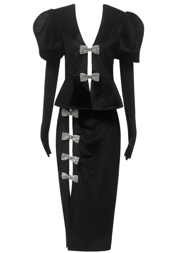 Short Sleeve Crystal Bow Midi Two Piece Velvet Dress Black