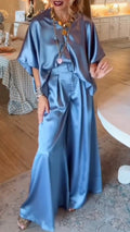 Women's Dusty Blue Satin Batwing Sleeve Top & Wide Leg Pants Set
