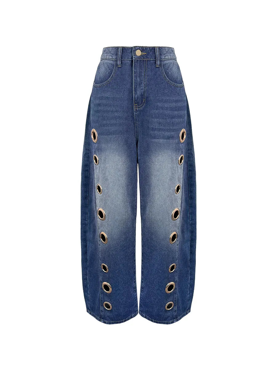 High Waisted Loose Buttoned Geometric Hollow Pockets Split-Joint Jean Pants Bottoms