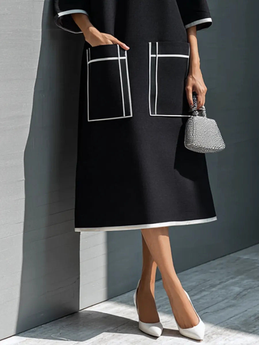 Women's Luxury Commuter Black Cotton Blend Contrast Stitch Patch Pocket 3/4 Sleeve Midi Dress MDZ1060G4GMJ