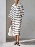 Women's White Black Horizontal Stripe Cotton Blend Polo Collar Midi Shirt Dress MDZ2177G9ZRK