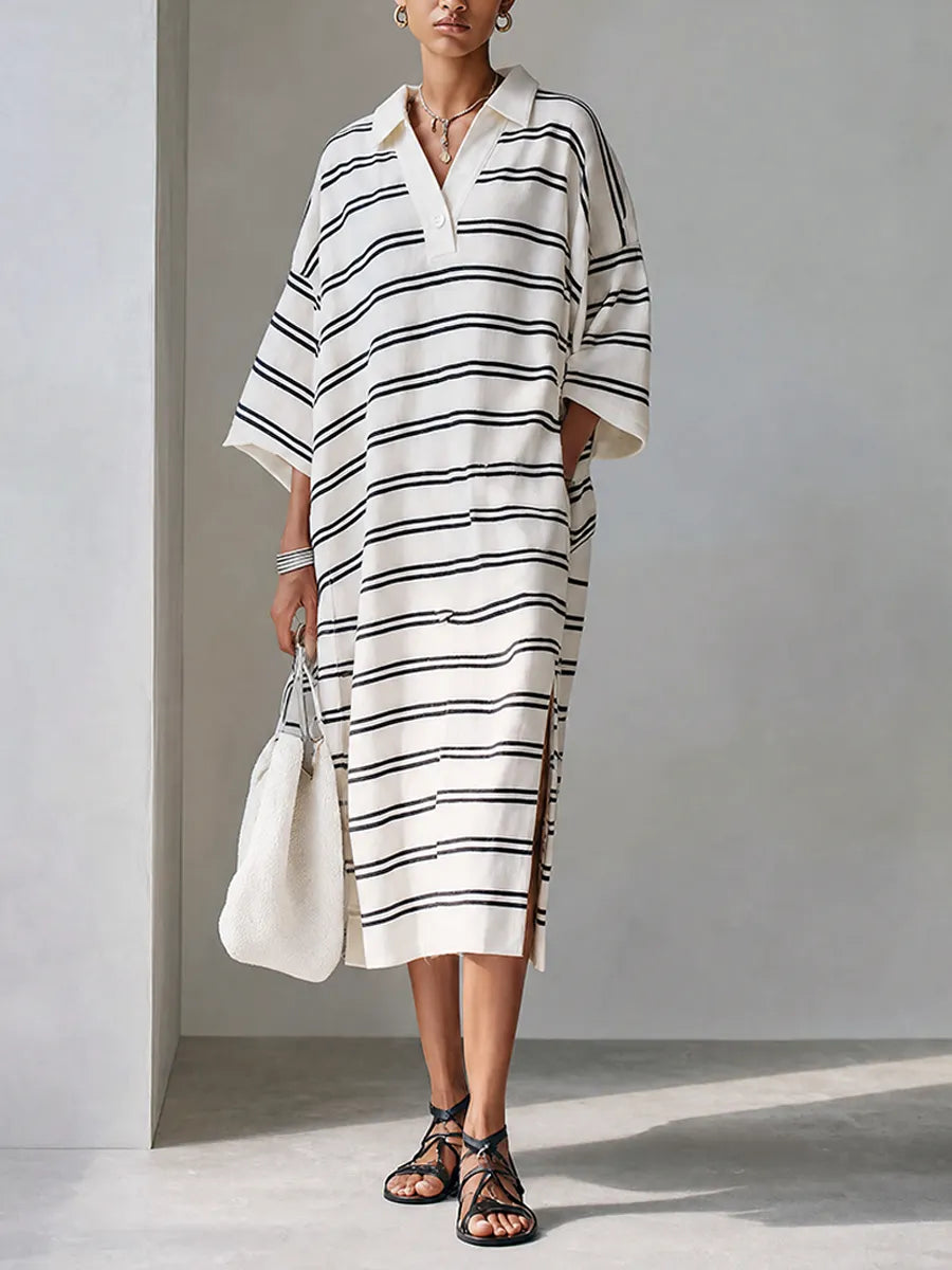 Women's White Black Horizontal Stripe Cotton Blend Polo Collar Midi Shirt Dress MDZ2177G9ZRK