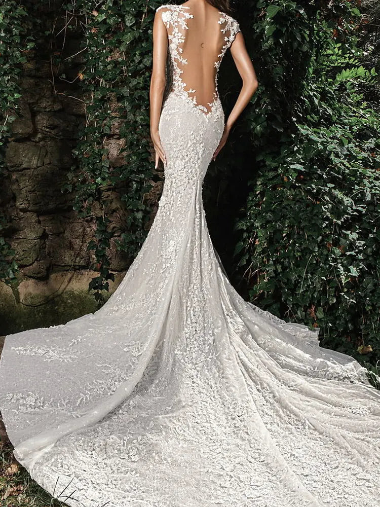 Spaghetti-Neck V-Neck Jacquard Backless Wedding Maxi Dress