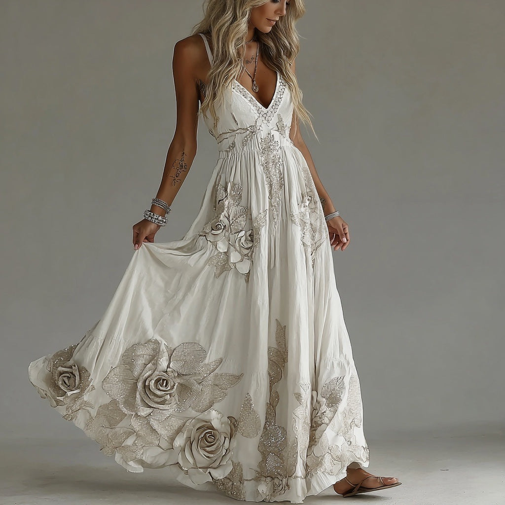Women's Vintage Flowers Embroidery Art V-neck Suspender Maxi Dress