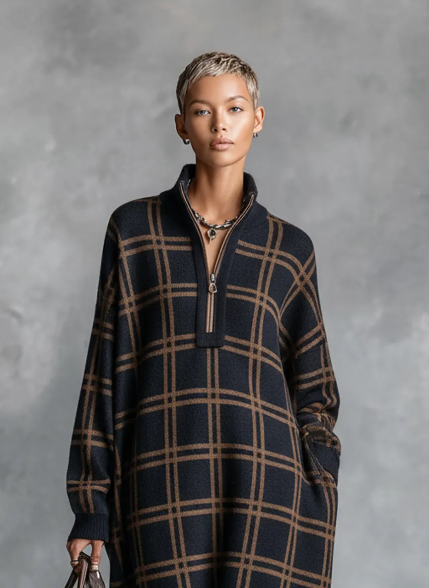 Women's Loose Plaid Zipper Neck Knitted Maxi Dress MDA1505J9Y