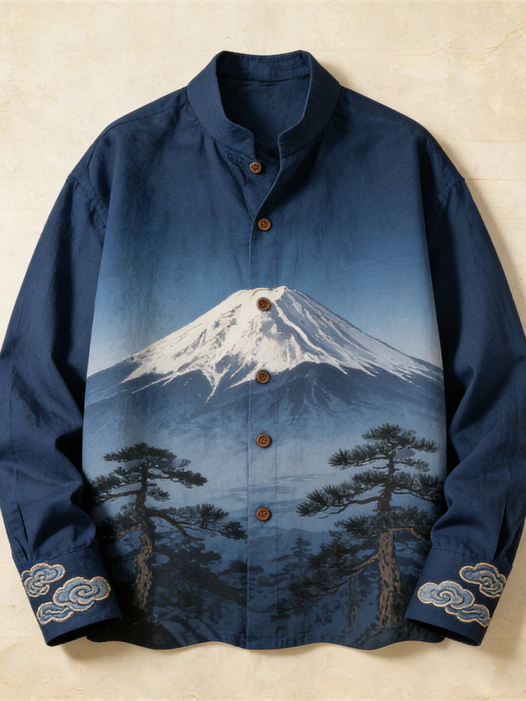Japanese Mt. Fuji Mountain View Art Men's Linen Long Sleeve Shirt