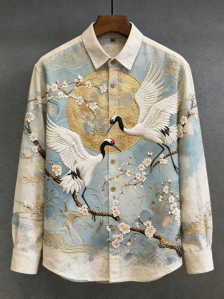 Men's Cranes With Apricot Blossoms Painting Art Linen Shirt