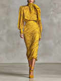 Women's Vintage Satin Polka Dot Print Shirt And Skirt Two-Piece Set (Not including scarf) MDA3073G0Y