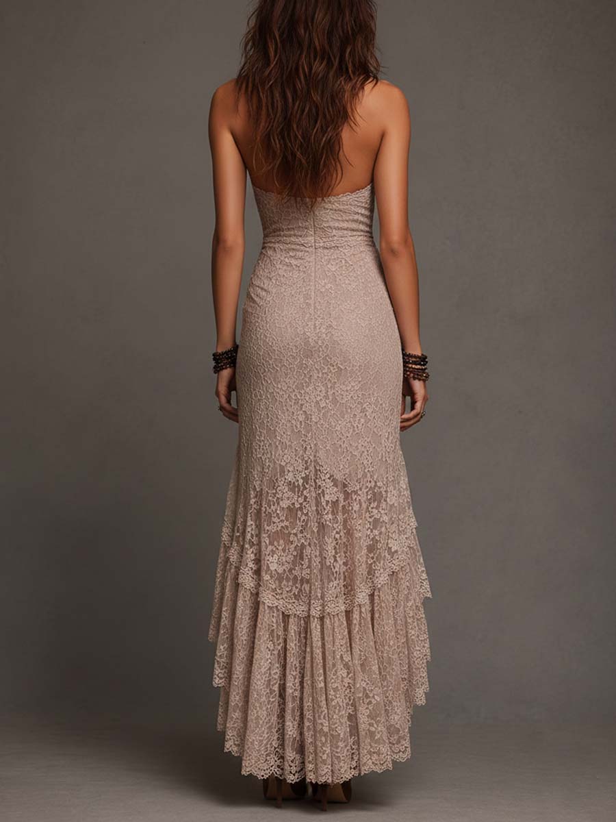 Bohemian Taupe Lace Halter High-Low Midi Dress