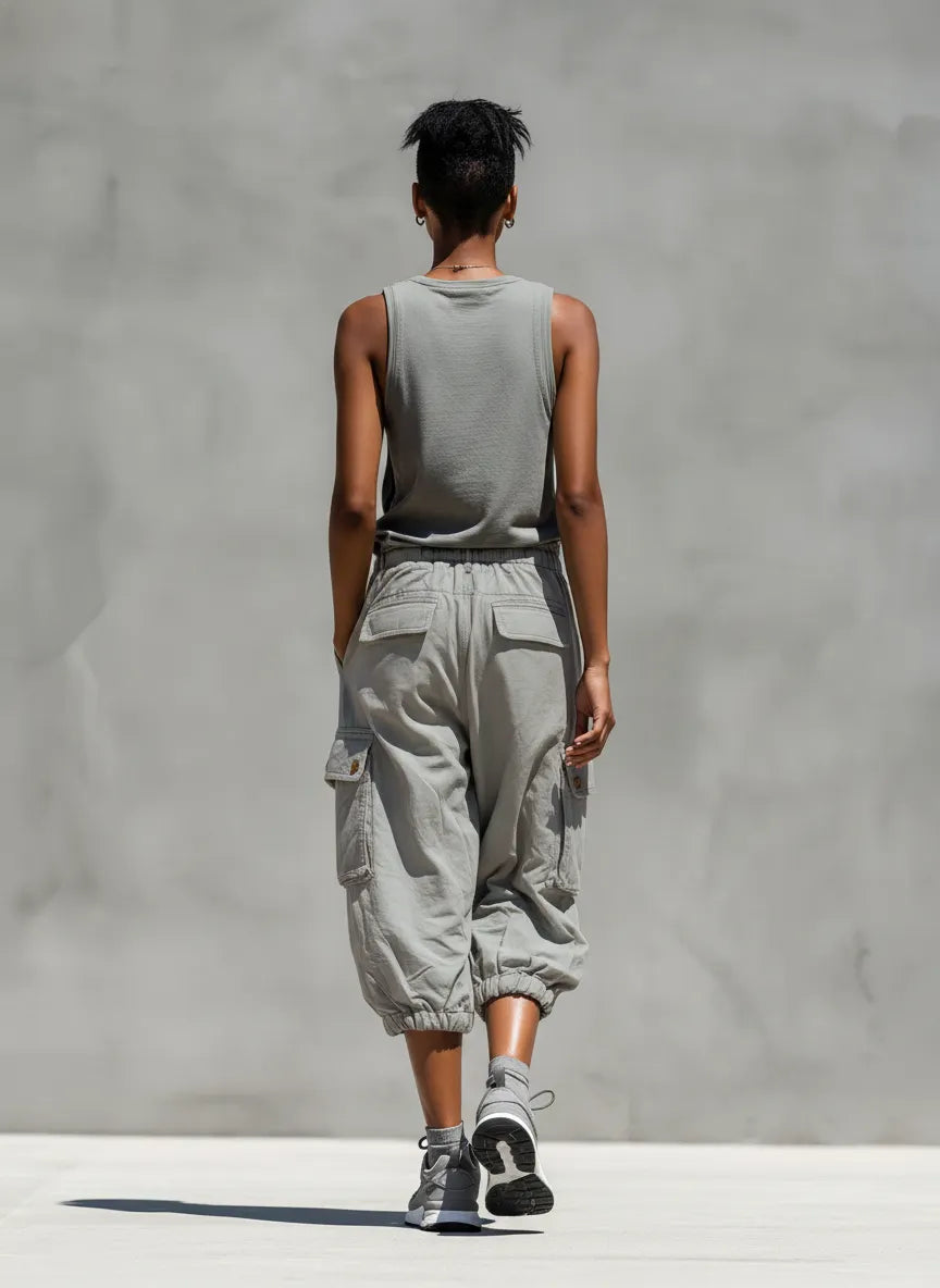 Women’s Grey Sleeveless Tank Top & Cargo Jogger Shorts Two-Piece Set MDZ0853E1T