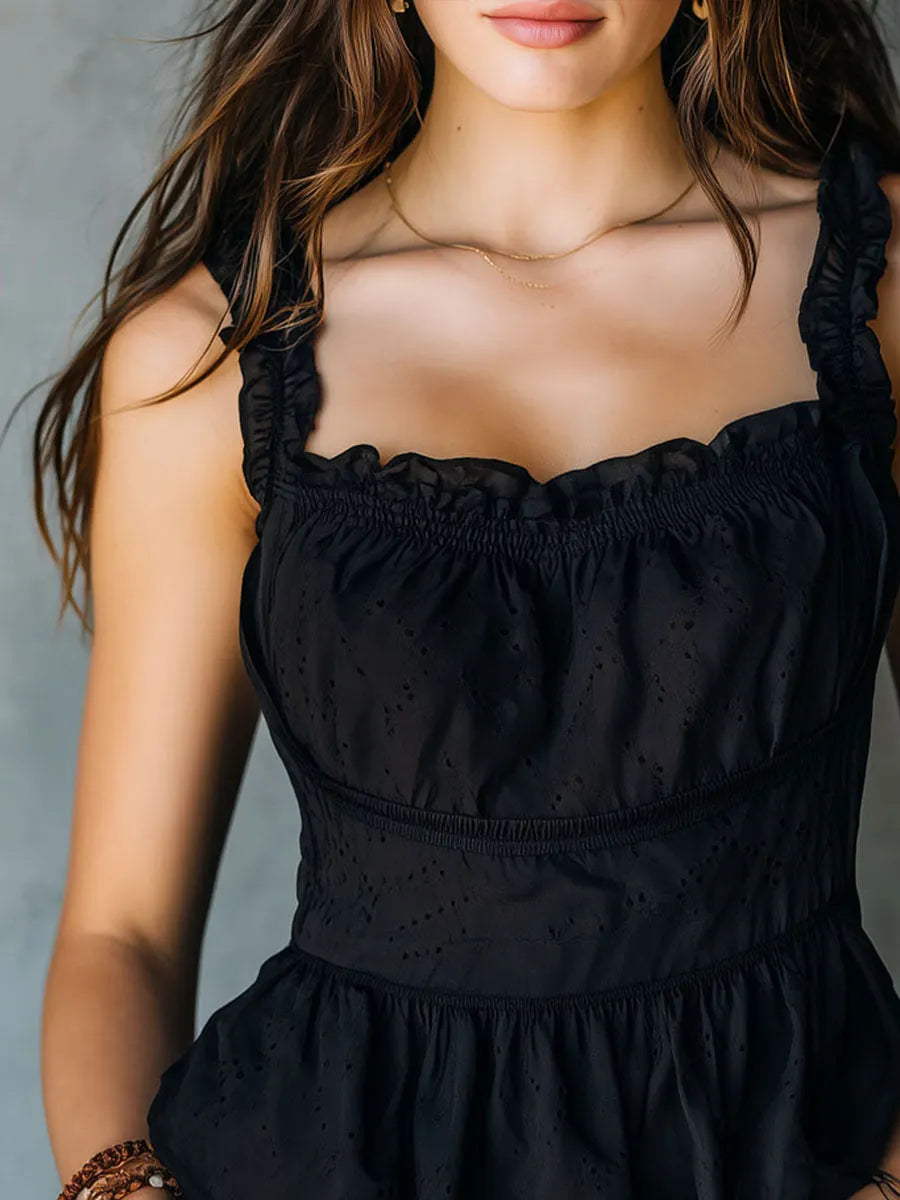 Boho Black Sleeveless Eyelet Embroidery Blouse