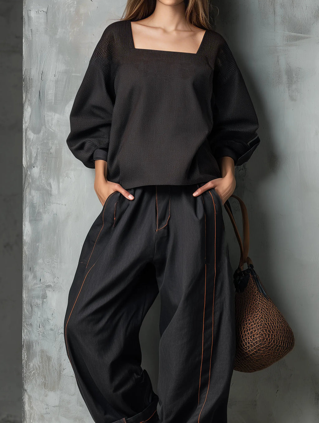 Women's Casual Dark Brown Woven Long-sleeve Top With A Square Neckline, Paired With Black Woven Trousers MDZ2314G9LXY