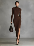 Women's Brown Stretch Fabric Chic Turtleneck Bodycon Slit Dress MDA1311K1I