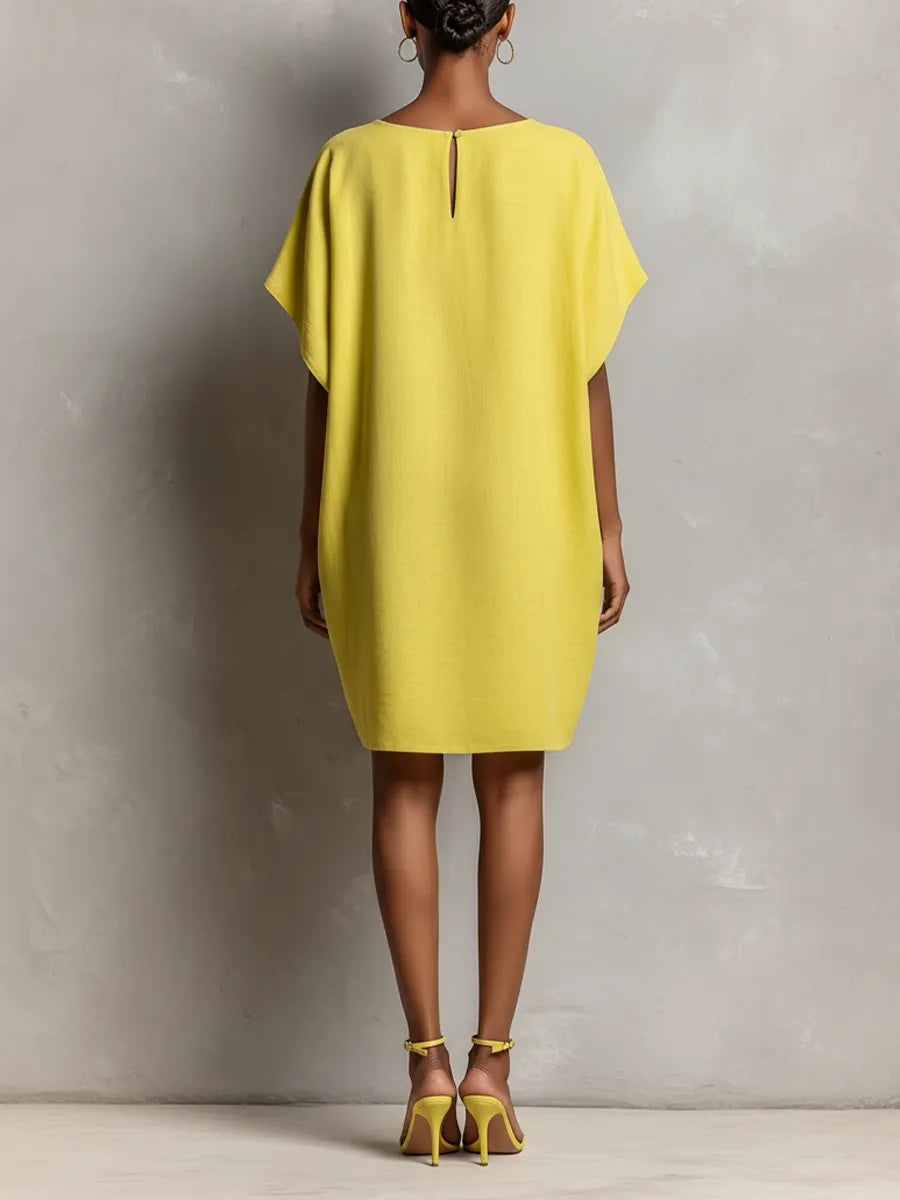 Women’s Lime Yellow Linen-Blend Batwing Sleeve Patch Pocket Shift Dress MDZ2671C3T