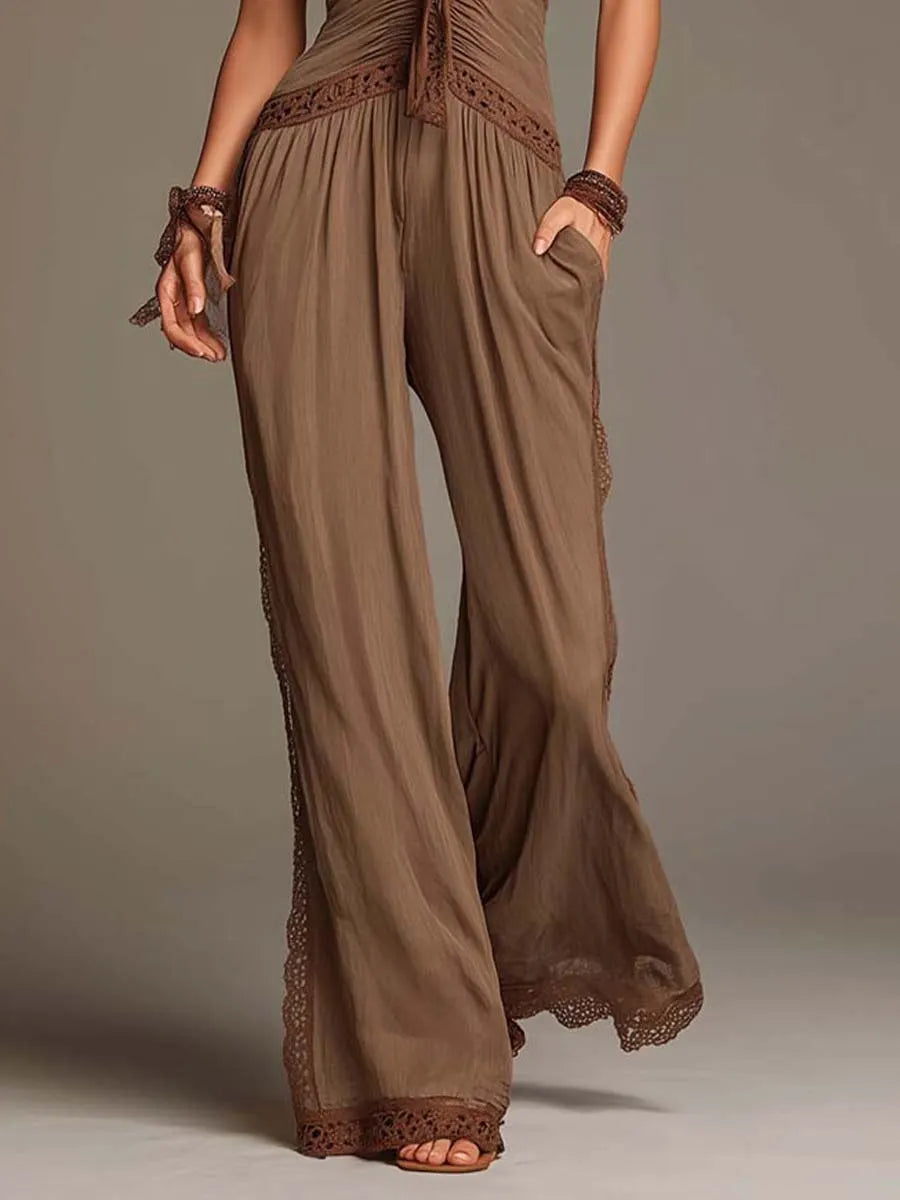 Mocha Brown Crinkled Chiffon Lace-Trimmed Halter Wide-Leg Jumpsuit