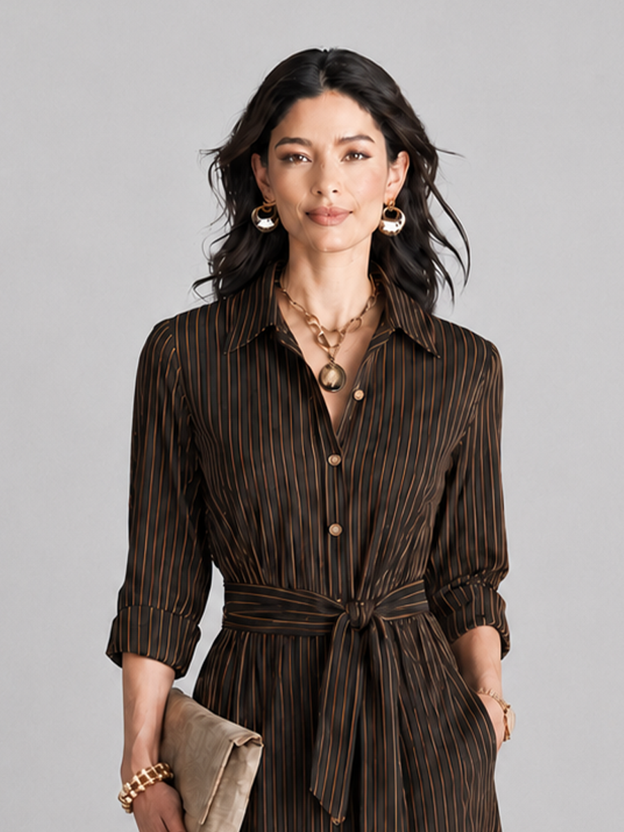 Women's Elegant Black Brown Cotton Blend Pinstripe Button Belted Split Maxi Shirt Dress MDZ2245G2GMJ