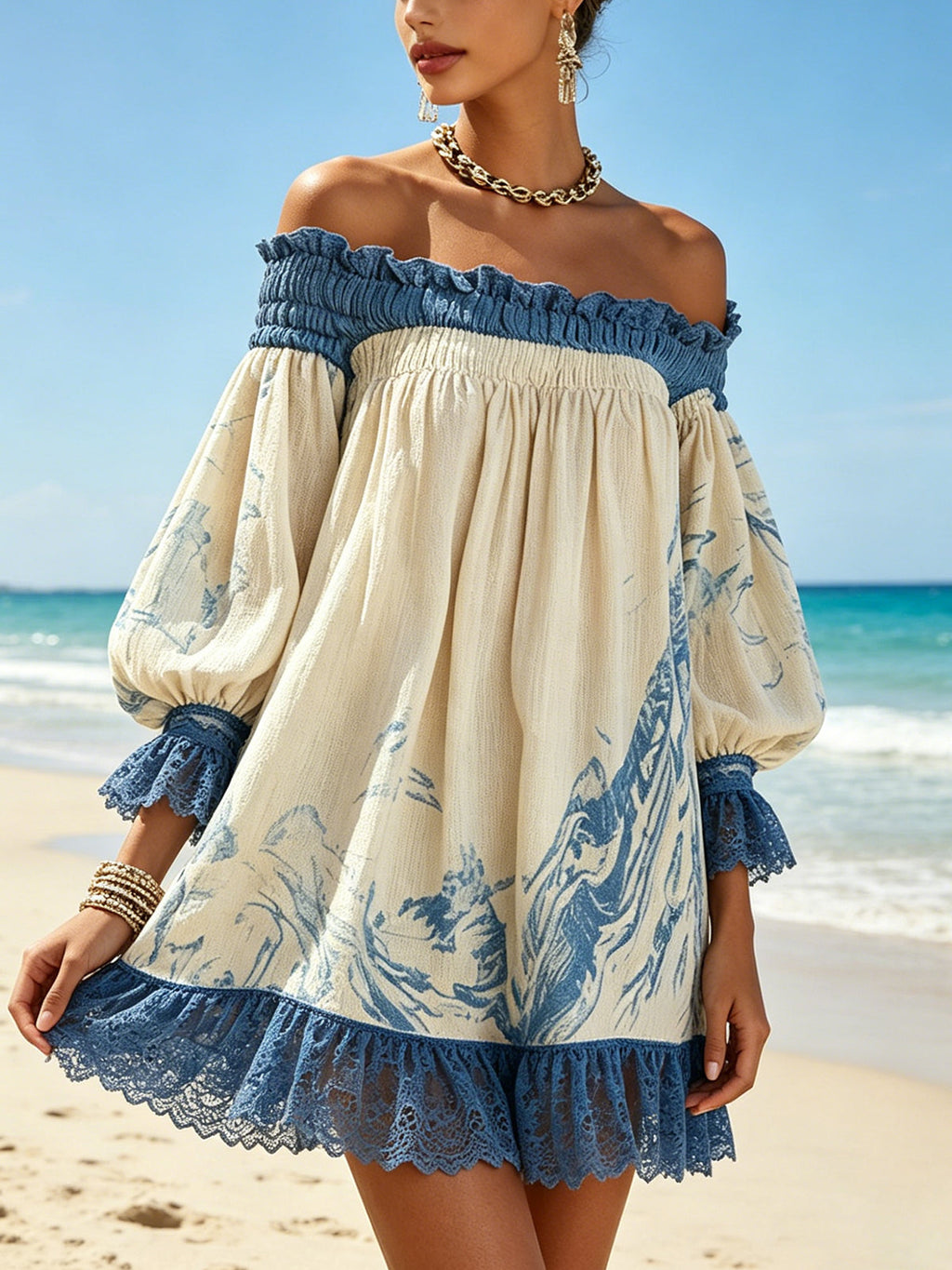 Off-Shoulder Cream And Blue Mini Dress With Lace Trim And Puff Sleeves