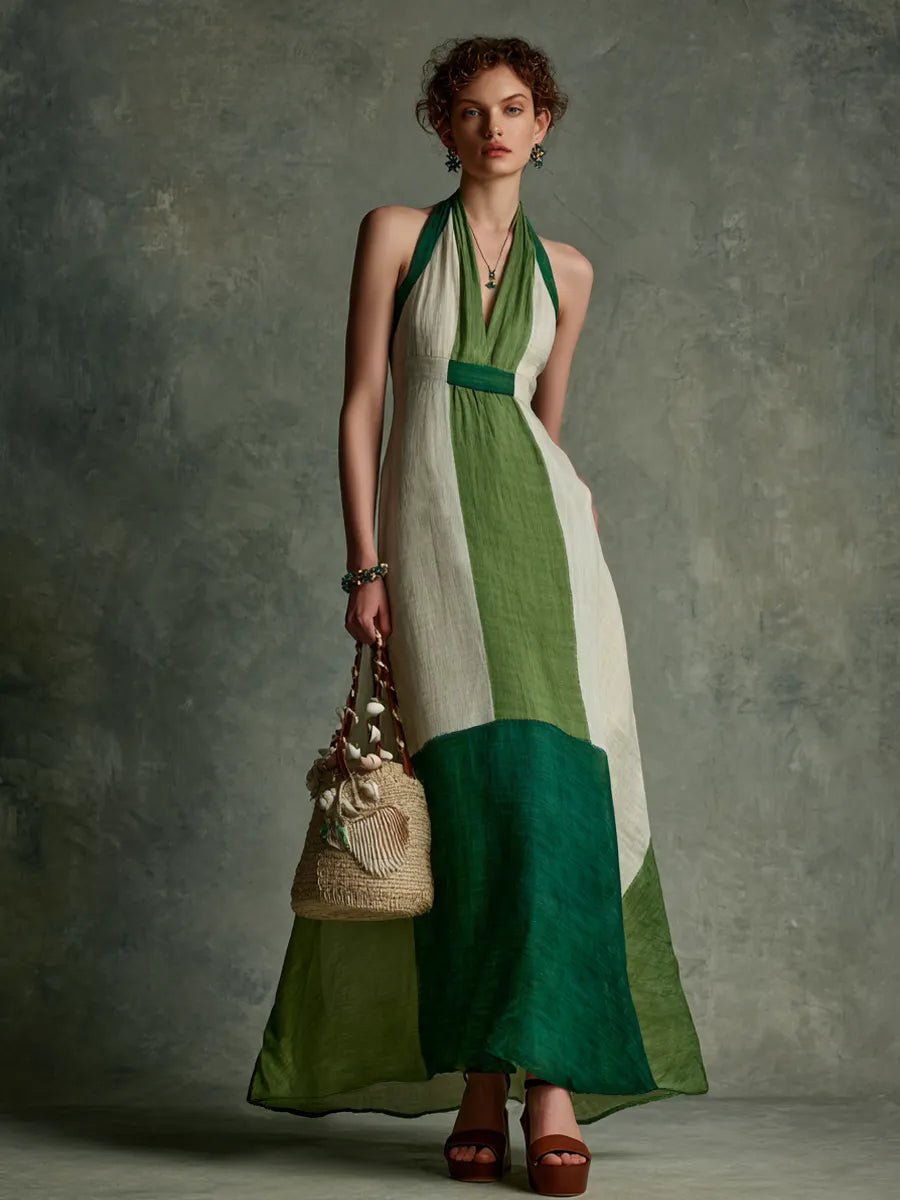 Women's Vacation Style Green And White Color-Block Linen-Cotton Halter V-Neck Waist-Tailored Maxi Dress MDZ2051E3GMJ