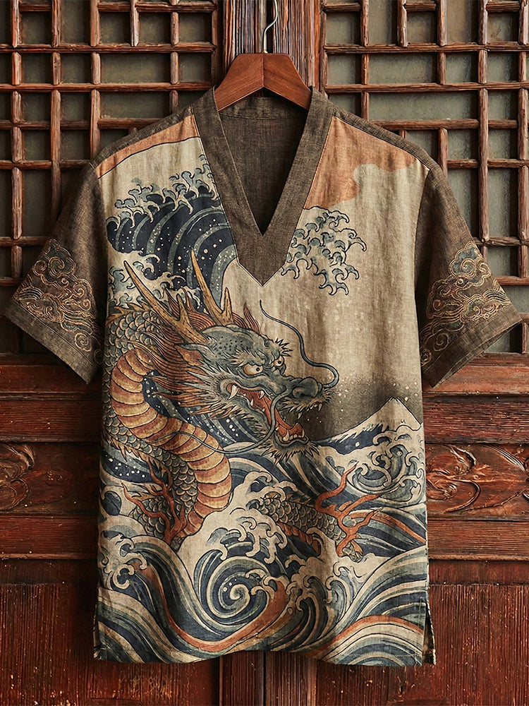 Men's Japanese-style Linen Dragon And Wave Art Linen Shirt