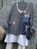 Lovely Cats Japanese Sashiko Art Patchwork Linen Blend Tunic