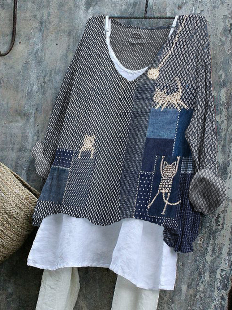 Lovely Cats Japanese Sashiko Art Patchwork Linen Blend Tunic