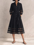Women's Elegant Black Cotton Blend Collared Three-Quarter Sleeve Belted Lace Trim Button-Front Midi Shirt Dress MDZ1579G4ZSQ