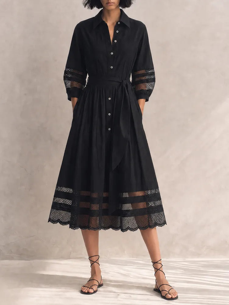 Women's Elegant Black Cotton Blend Collared Three-Quarter Sleeve Belted Lace Trim Button-Front Midi Shirt Dress MDZ1579G4ZSQ