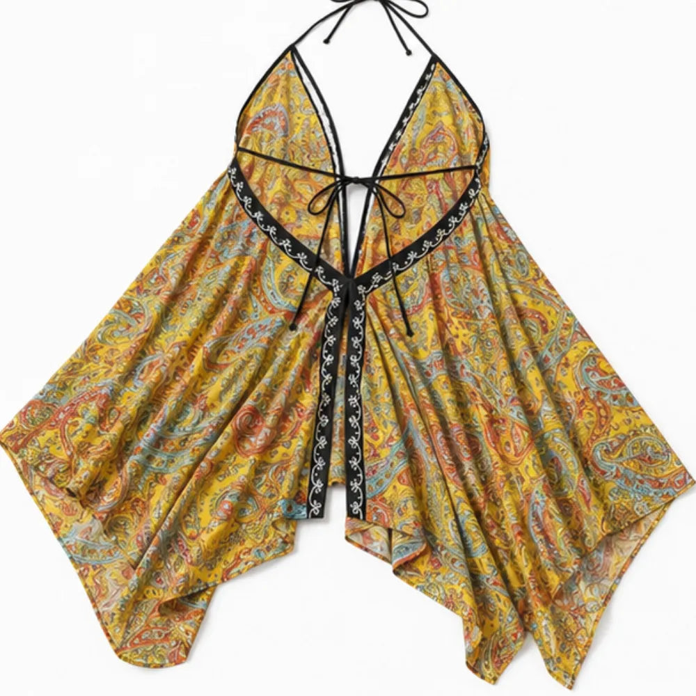 Solivia – Boho paisley halter maxi dress with open back and handkerchief hem