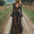 Black Floral Lace Maxi Dress with Ruffled Bell Sleeves