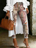 Women's Fashion Retro Ethnic Floral Artistic Print Casual High-waisted Ripped Skinny Jeans