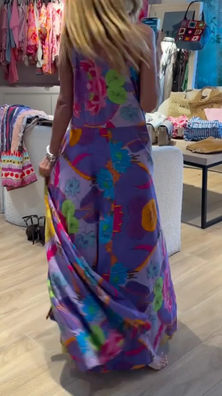 Purple Floral Print Sleeveless Maxi Shirt Dress