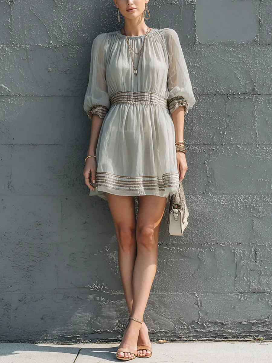 Women's Simple And Elegant Light Gray Chiffon Elastic Gathered Puff Sleeve Short Dress MDZ0986G4GMJ