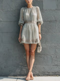 Women's Simple And Elegant Light Gray Chiffon Elastic Gathered Puff Sleeve Short Dress MDZ0986G4GMJ