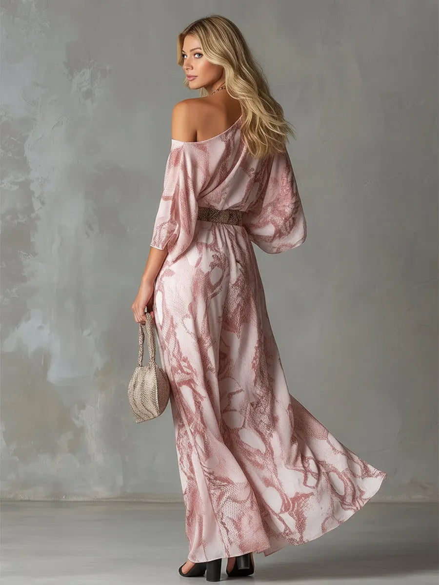Retro Urban Style Pink Snake Print One-shoulder T-shirt And Wide-leg Pants Set