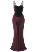 Velvet Bustier Draped Maxi Dress Brown