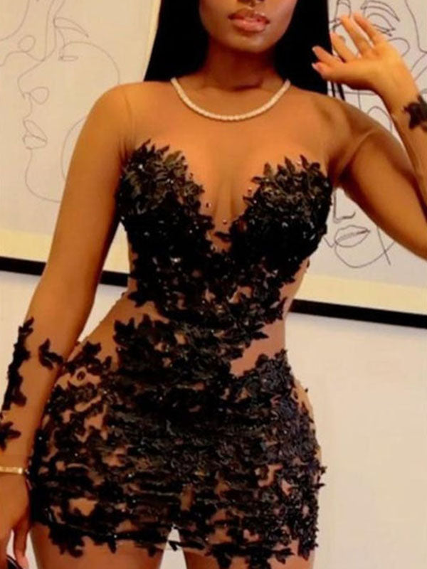 Sexy Long Sleeve See-Through Shiny Jacquard Round-Neck Evening Mini Dress