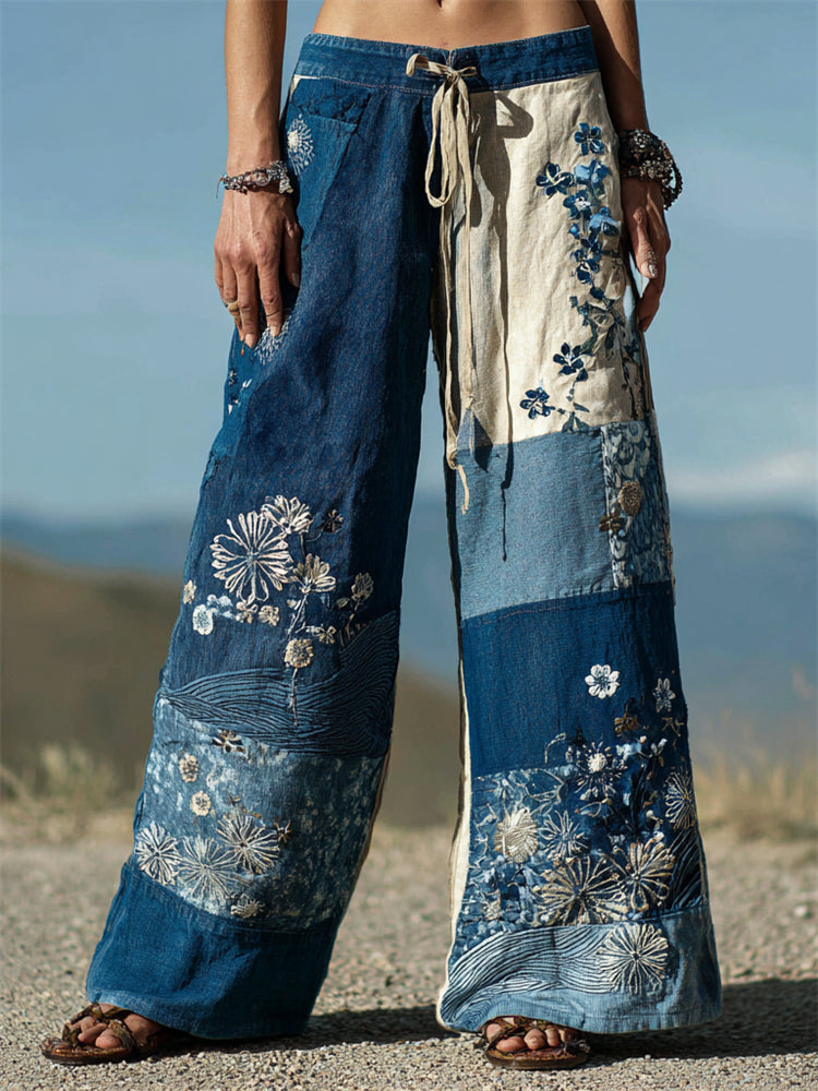 Vintage Japanese Floral Embroidered Patchwork Flowy Linen Pants