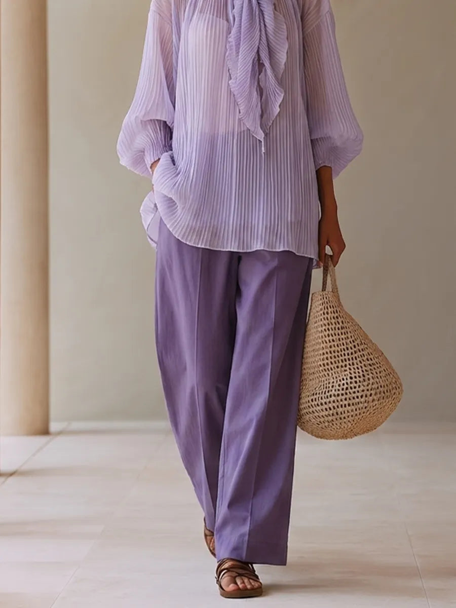 Women's Light Purple Crinkle Chiffon Two-Piece Set With Ruffled Tie Neck Balloon Sleeve Blouse & Solid High Waist Wide Leg Pants, Elegant Resort Matching Outfit MDZ0774G7LYL