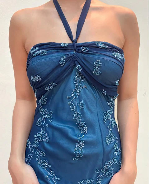 Dark Blue Fairy Mermaid Beaded Long Chiffon Formal Prom Evening Dress Wedding Guest Party Gown Dress Greek Halter Neck b
