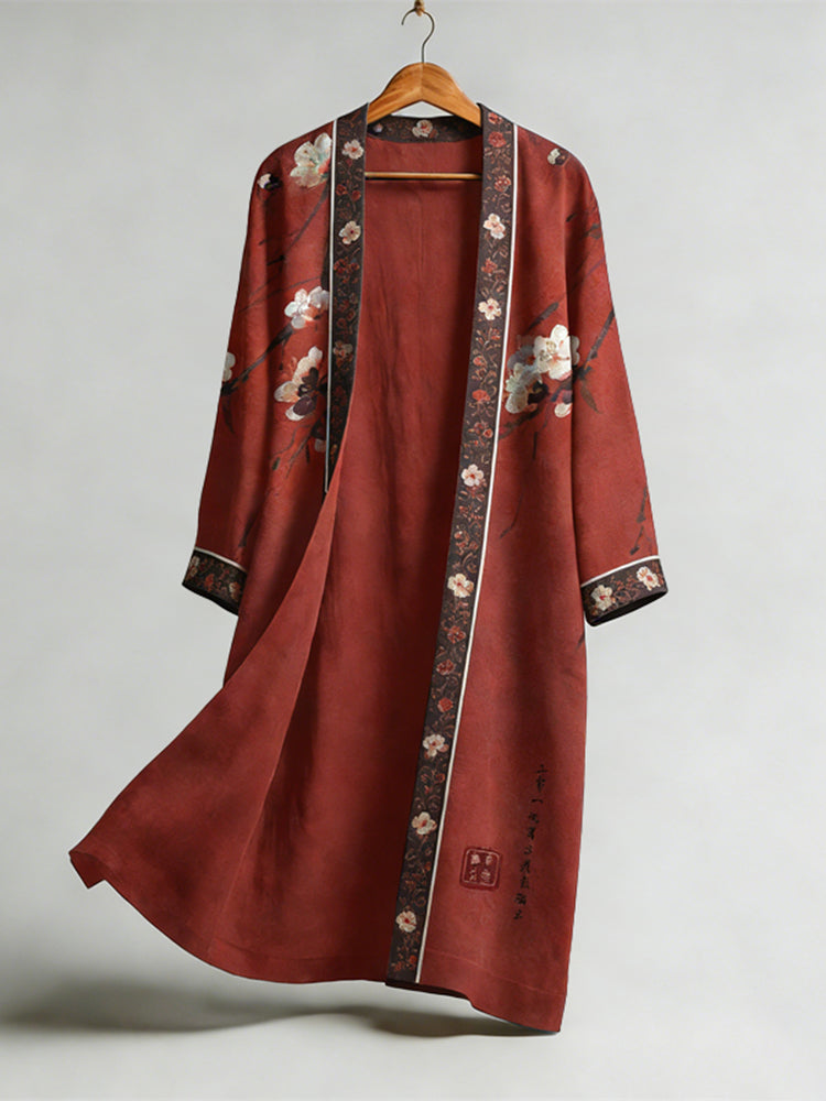 Men's Retro Sakura Art Print Linen Long Kimono