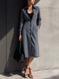 Women's Mature Commuter Grey Thin Stripe Cotton Blend Lapel Waist Slit Pocket Shirt Midi Dress MDZ0990G0GMJ