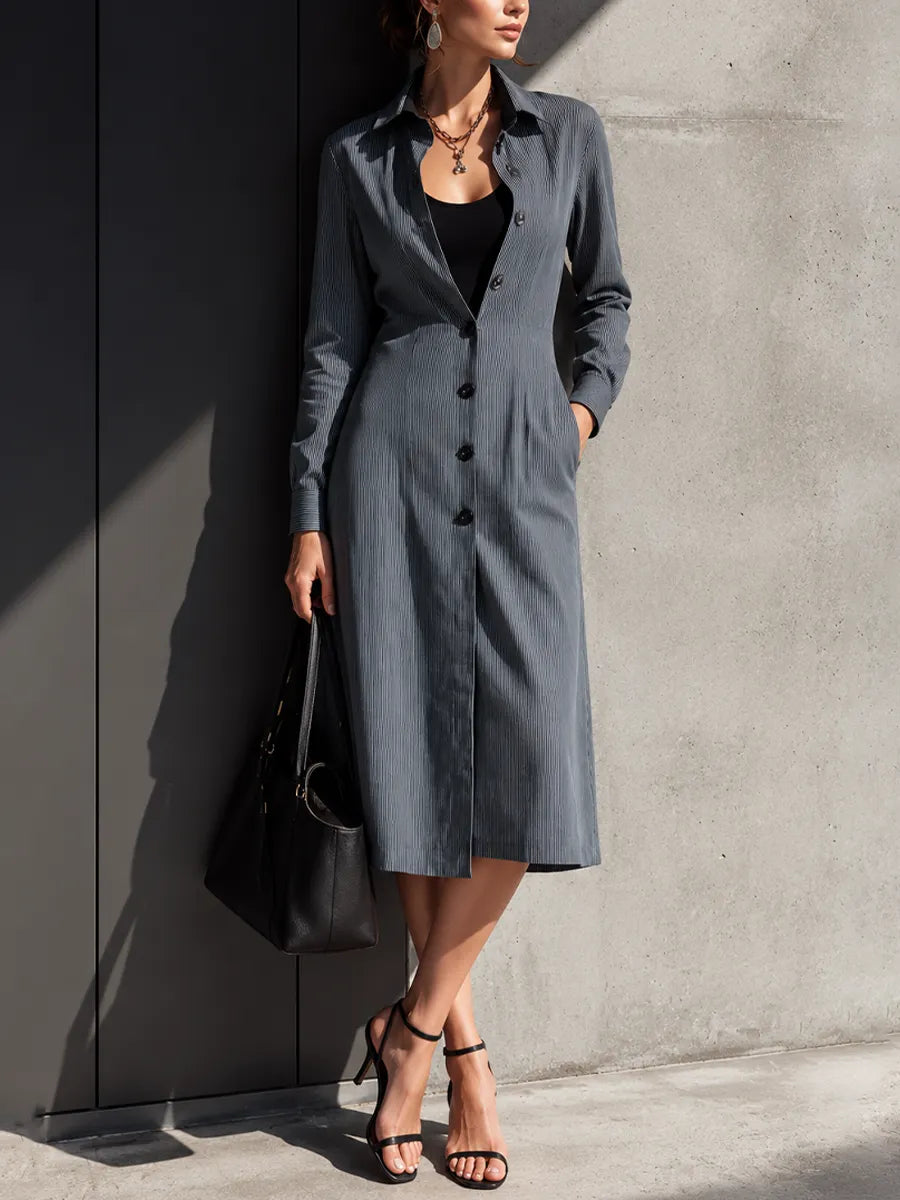 Women's Mature Commuter Grey Thin Stripe Cotton Blend Lapel Waist Slit Pocket Shirt Midi Dress MDZ0990G0GMJ