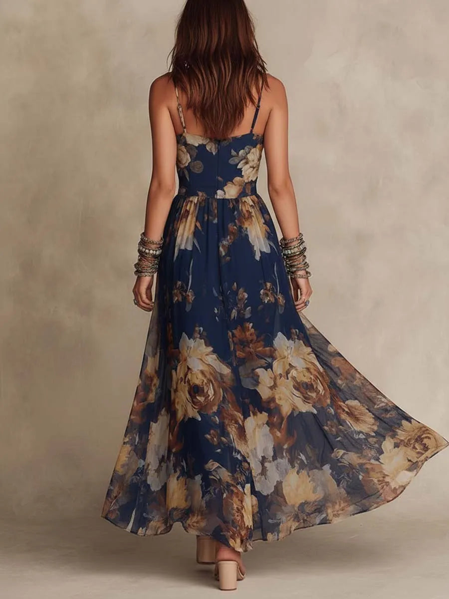 Retro Fine-Strap Chiffon Midi Dress With Oil-Painting Style Floral Print