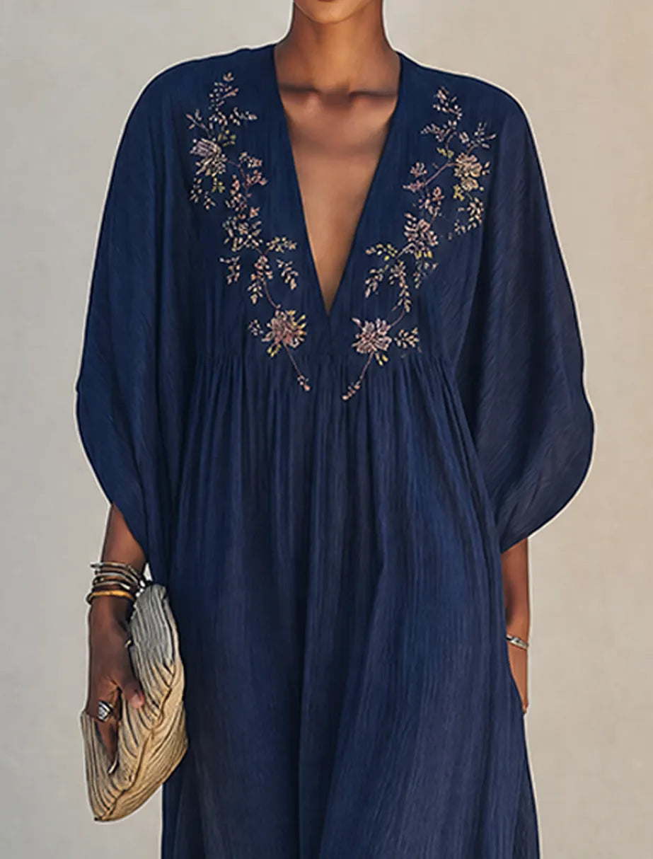 Women's Minimalist Cotton-Linen Maxi Dress With Floral Embroidery, Deep V-Neck, And Batwing Sleeves MDZ0895G0ZRK