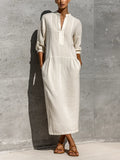 Women's Off White Cotton-linen Blend Stand Collar Split Neck Three Quarter Sleeve Pocket Midi Dress MDZ0815G3YZJ