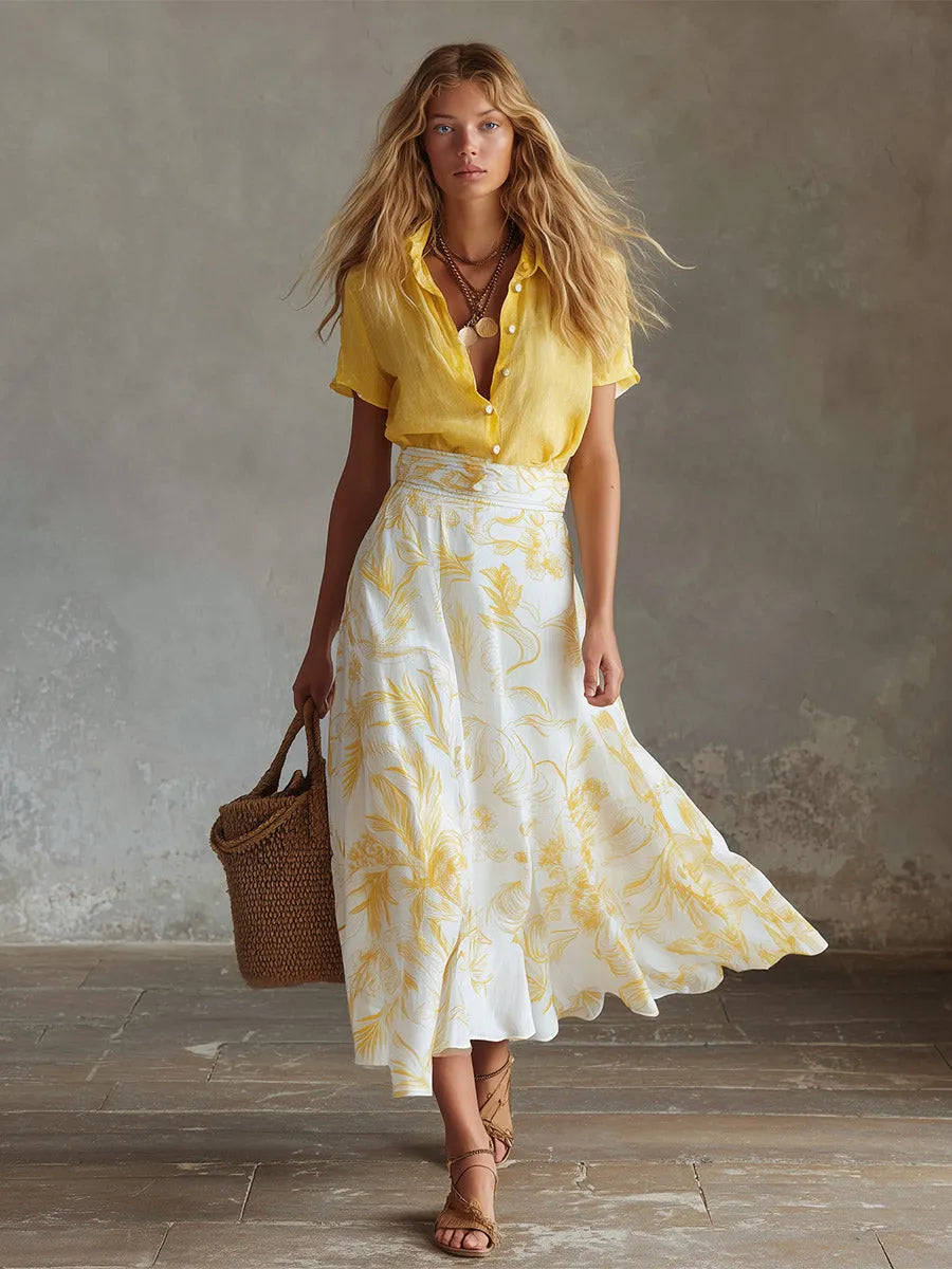 Elegant Summer Vacation Outfit Yellow Cotton-Linen T-Shirt & Moon-Print Chiffon Skirt Set