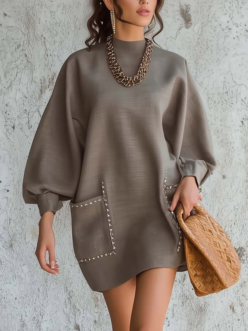 Taupe Mini Dress With Contrast Couture Trim And Patch Pockets